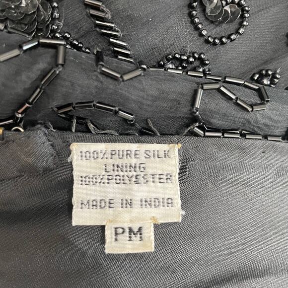 VINTAGE 80s Dress Womens PM Petite Medium Black Beaded Maxi Silk Retro - Picture 12 of 13